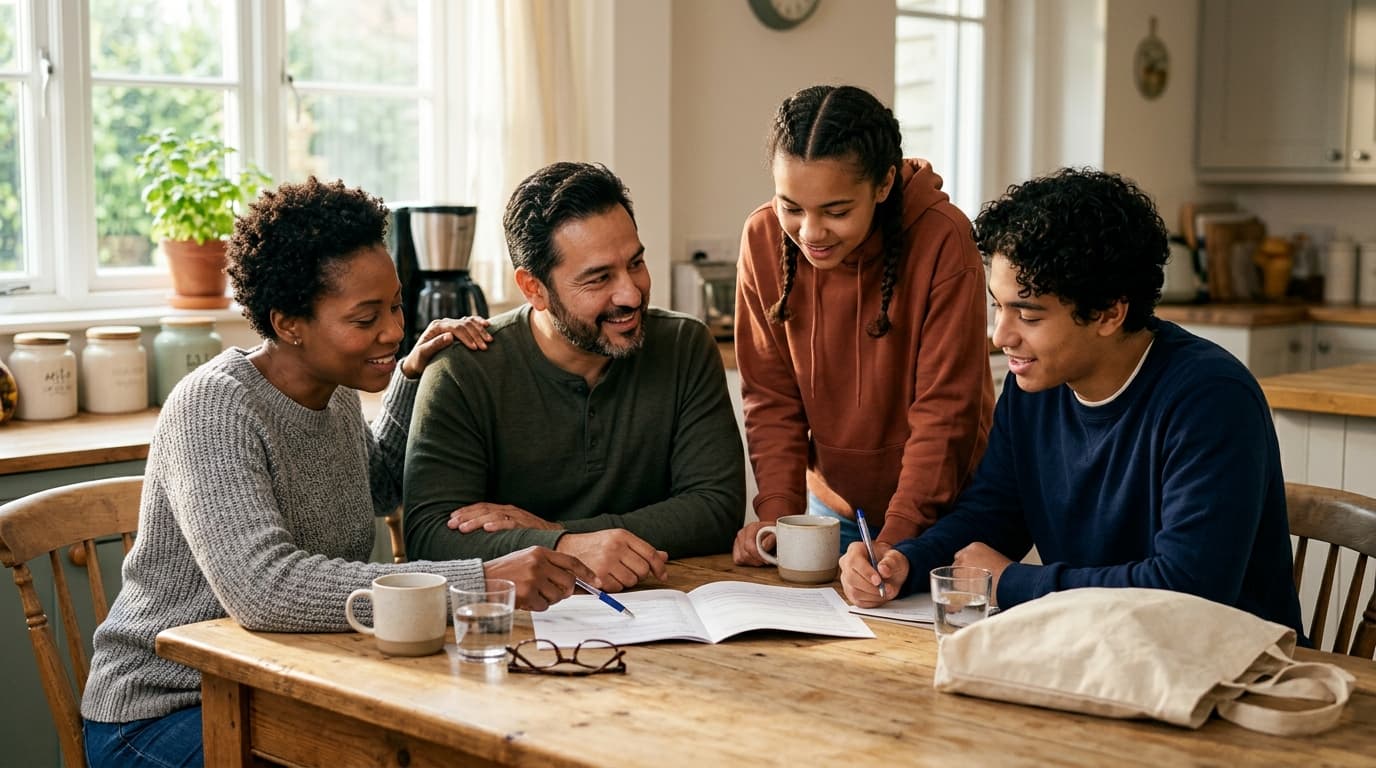Parents and two teenagers going over paperwork at the kitchen table