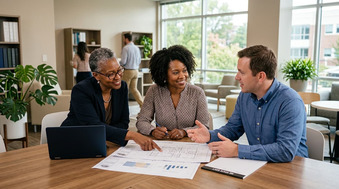 Three colleagues reviewing documents at an office table