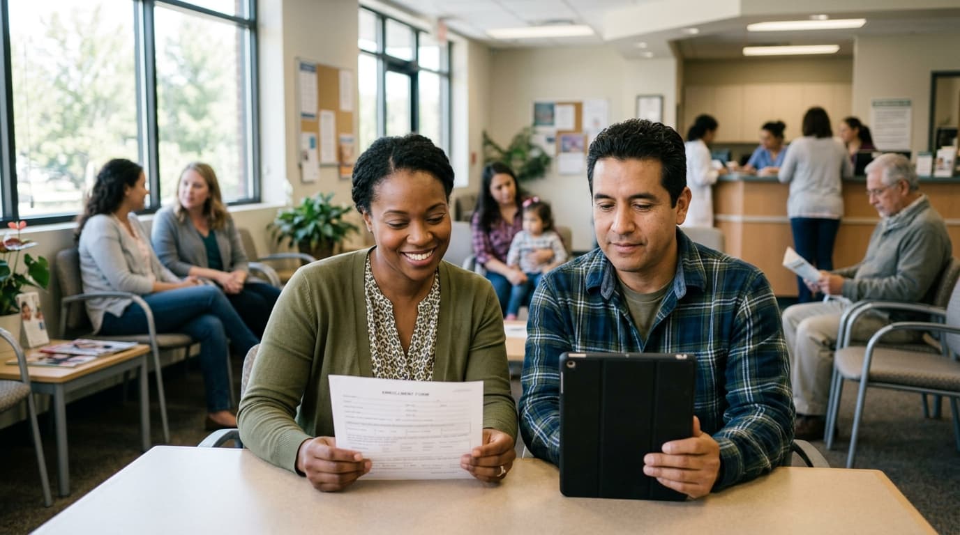 Couple reviewing a form and tablet in a clinic waiting room