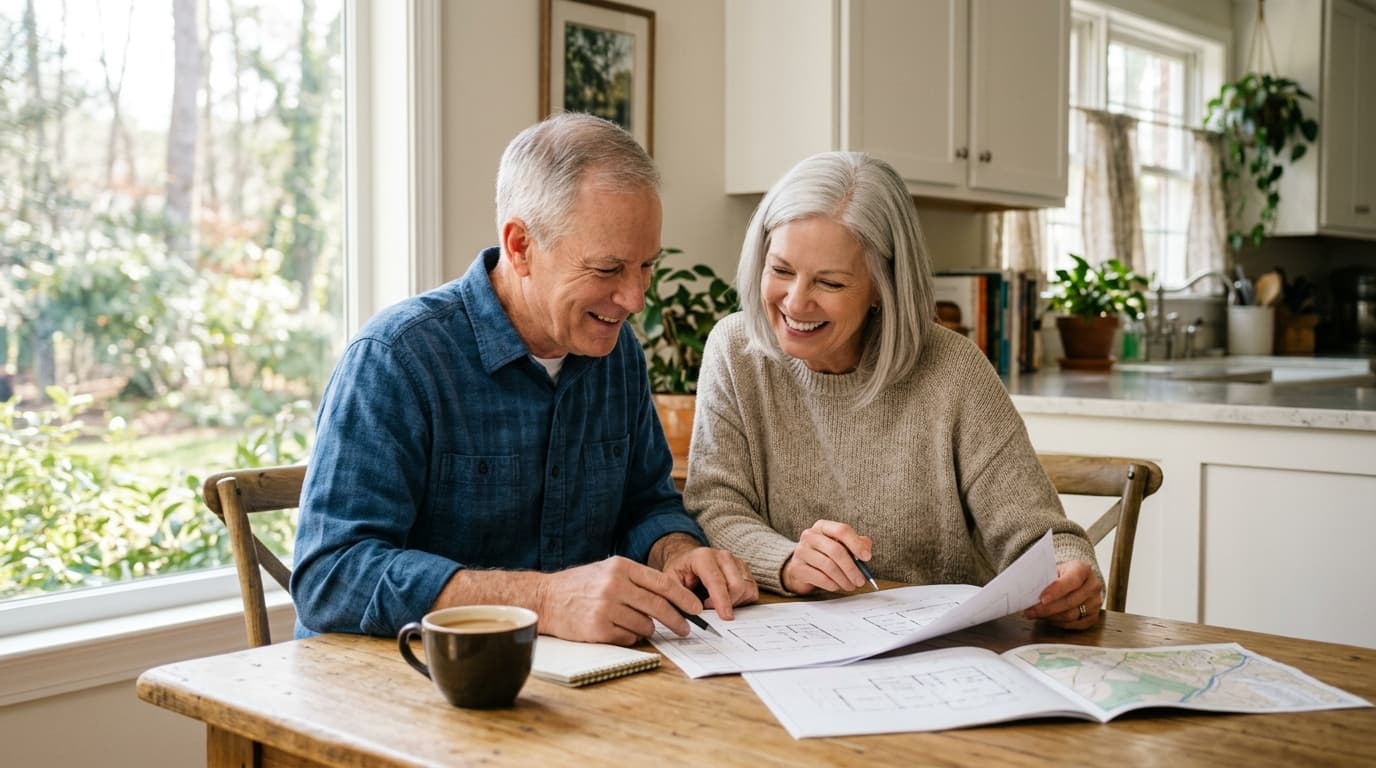Older couple reviewing paperwork at the kitchen table