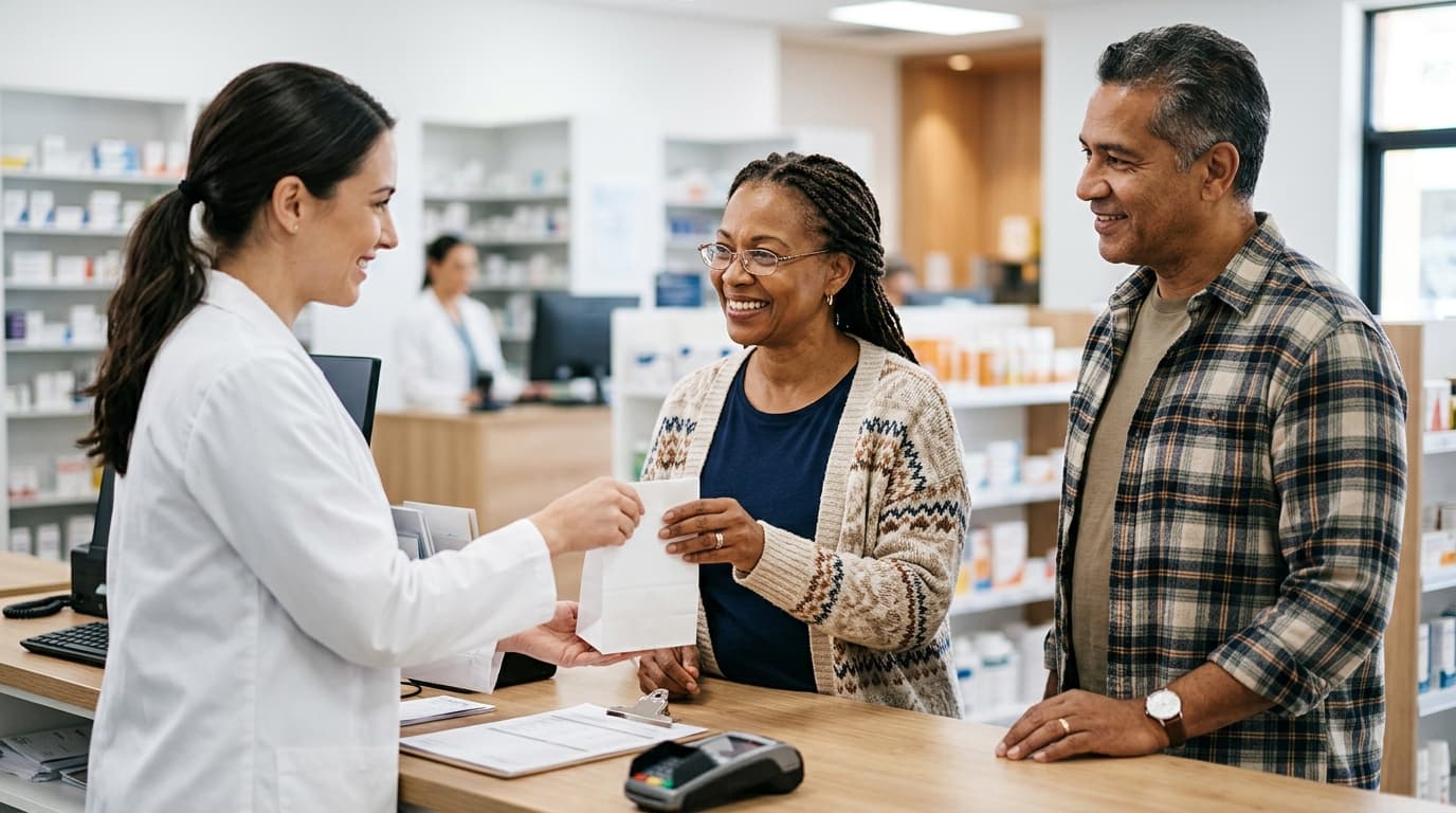 Pharmacist handing a prescription bag to a smiling couple