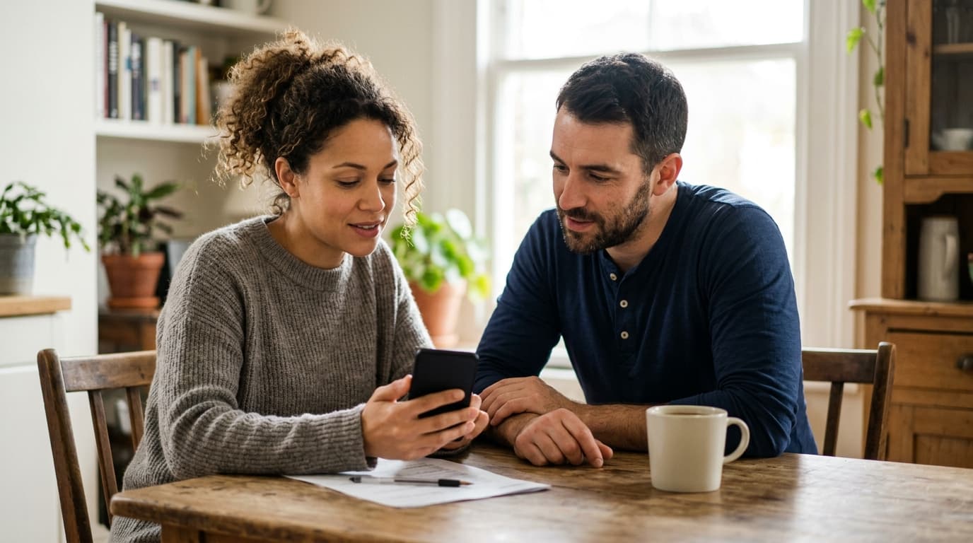 Couple looking at a phone together at the kitchen table
