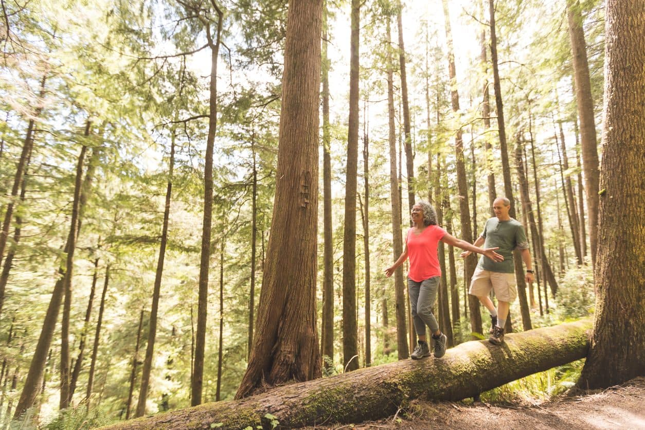 A couple walks on a log in the woods while hiking