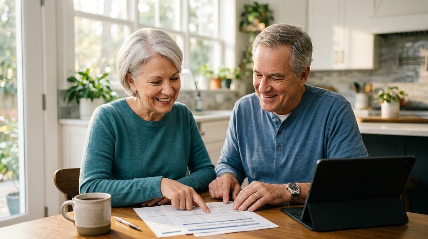 Older couple reviewing documents and a laptop at the kitchen table