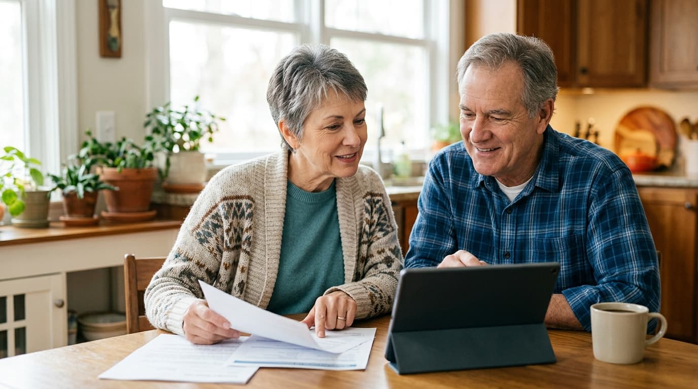 Older couple reviewing papers together at a table with a tablet