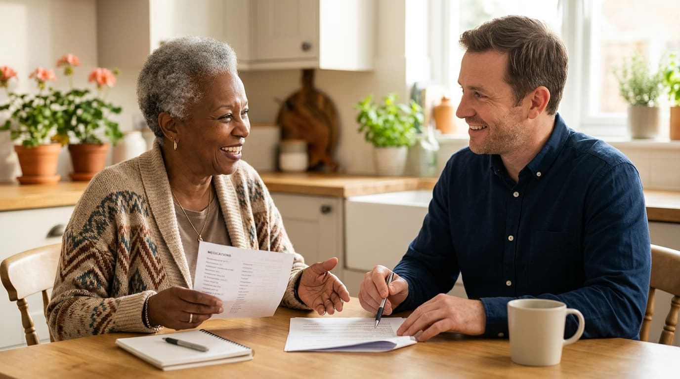 Older woman going over a form with an agent at her kitchen table