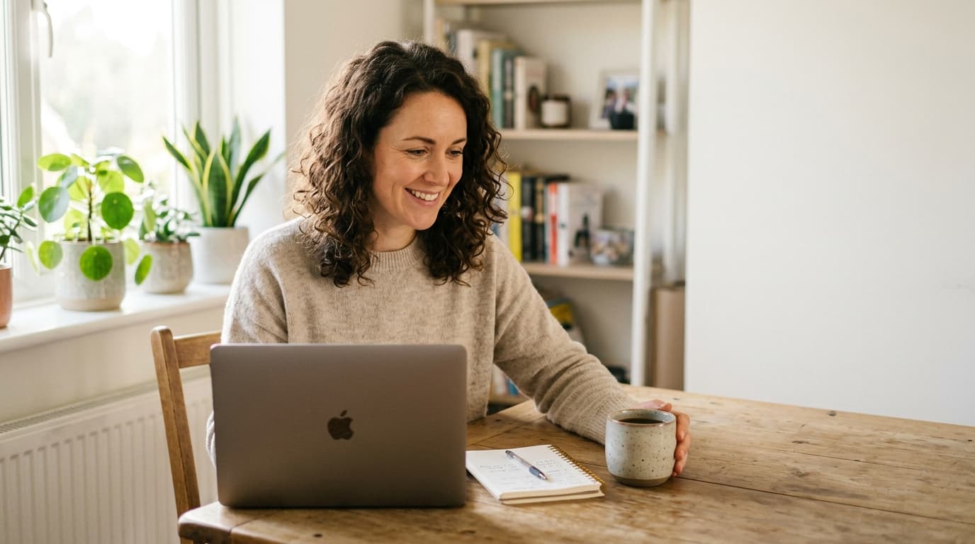 Woman smiling while working on a laptop at home