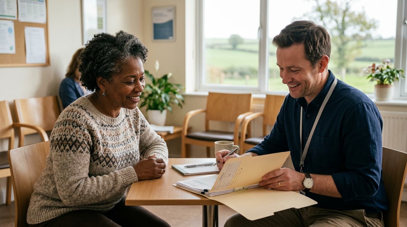 Woman reviewing paperwork with a health care worker in a clinic